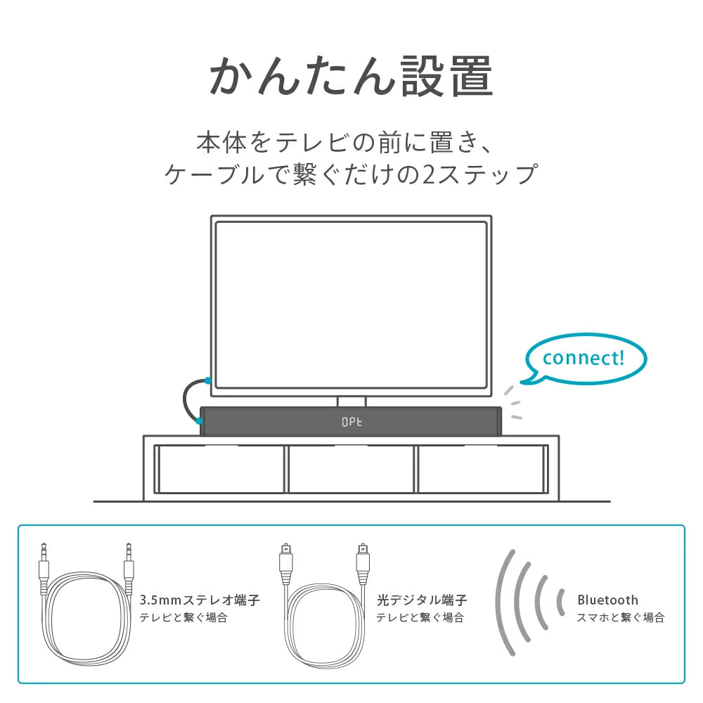 FUNLOGY Sound3 サウンドバー かんたん設置2ステップ 3.5mmステレオ端子・光デジタル端子・Bluetoothの3种接続方法 テレビの前に置くだけで簡単導入