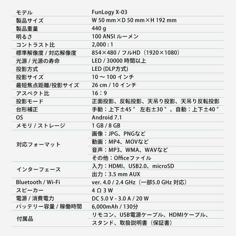 FunLogy X-03 プロジェクター モバイル 家庭用 HDMI 対応